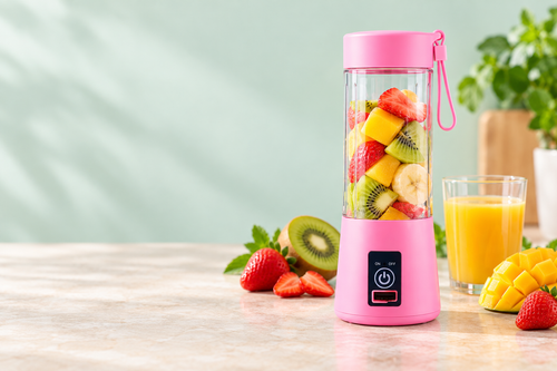 Escena ilustrativa de la licuadora portátil rosada con fruta. Los alimentos y el vaso son ambientación.